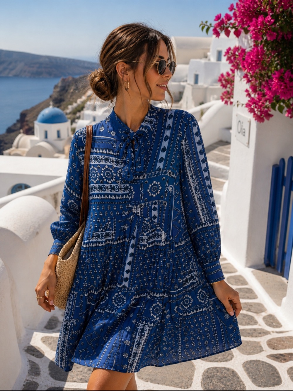 Zara Blue Boho Paisley Tie Neck Mini Dress Long Sleeve XS